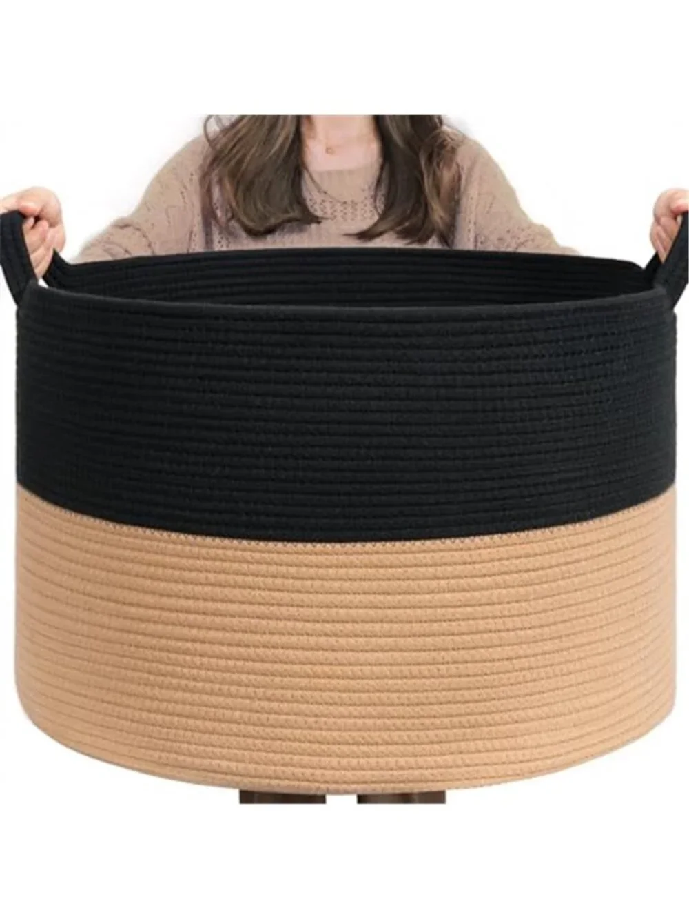 New XXXLarge Woven Rope Blanket Basket Living Room Black Camel, 90L